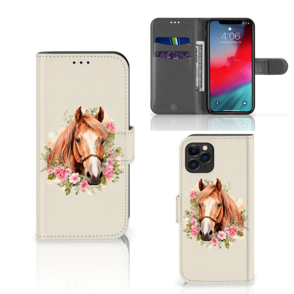 Telefoonhoesje met Pasjes voor Apple iPhone 11 Pro Paard met bloemen en een prachtig paardenontwerp 🌸