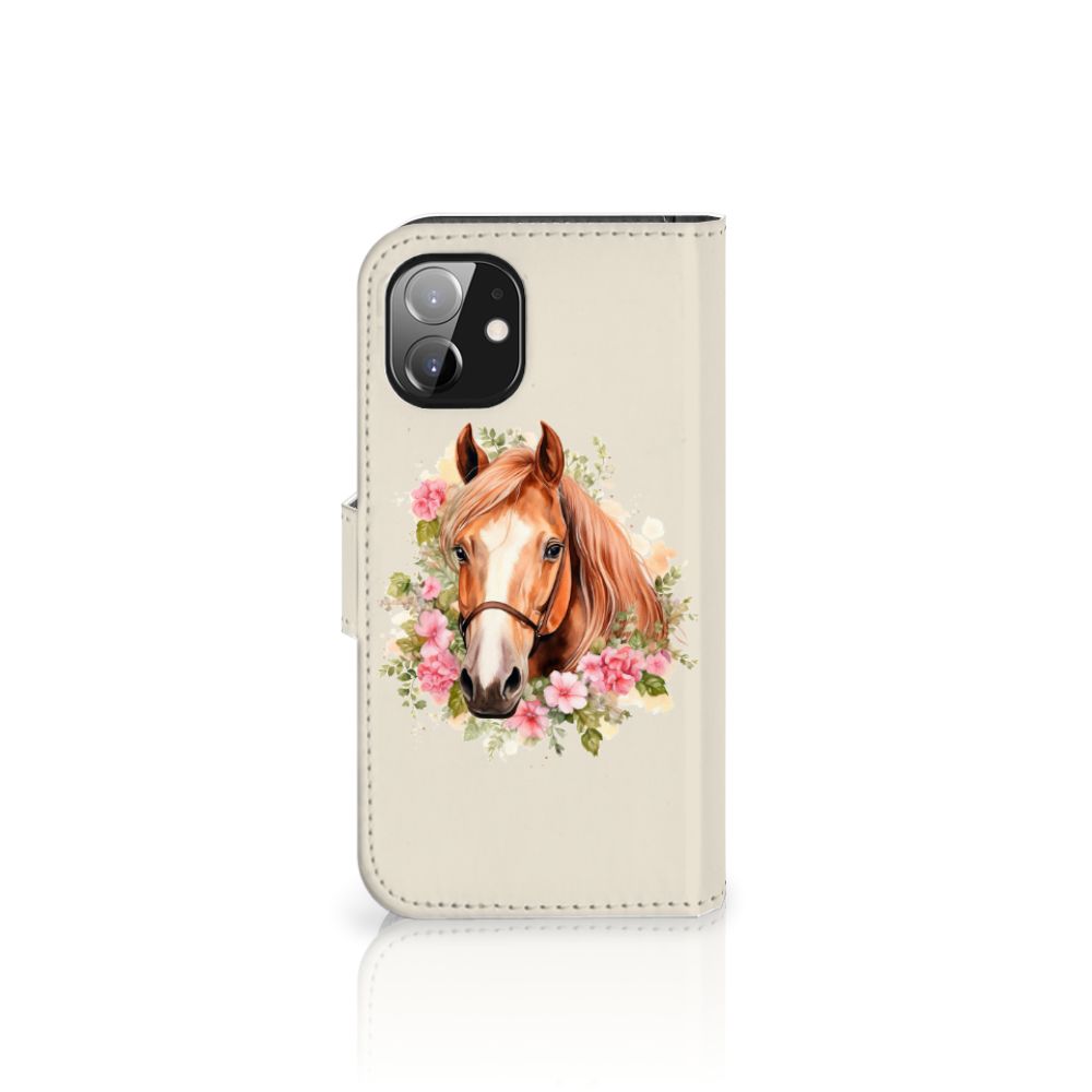 Telefoonhoesje met Pasjes voor Apple iPhone 12 Mini Paard met bloemen en een vrolijk paardenontwerp 🌸.