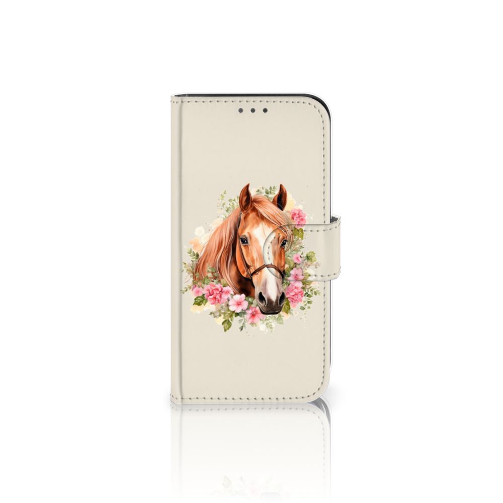 Telefoonhoesje met Pasjes voor Apple iPhone 12 Mini Paard met een prachtig paard op een bloemenachtergrond.