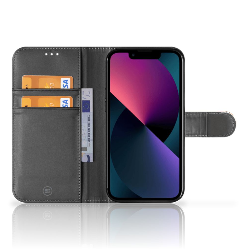 Telefoonhoesje met Pasjes voor Apple iPhone 13 Paard met kaarten, zwart leren design.