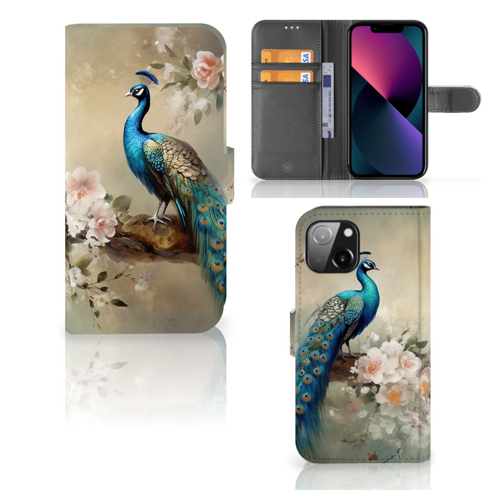 Telefoonhoesje met Pasjes voor Apple iPhone 13 Vintage Pauwen met kleurrijke pauw en bloemen 🌸.