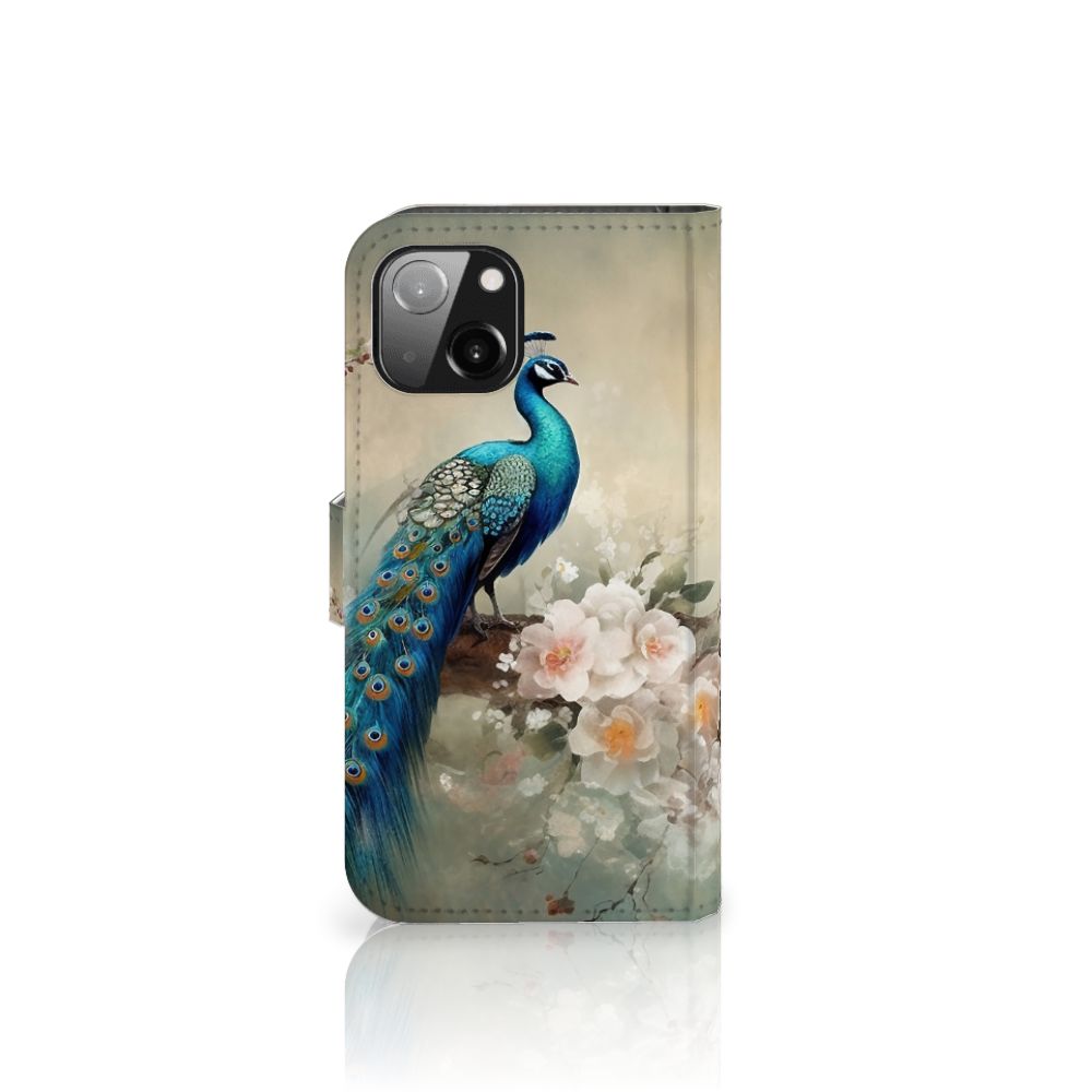 Telefoonhoesje met Pasjes voor Apple iPhone 13 Vintage Pauwen met een stijlvolle pauwenafbeelding en bloemen 🌸.