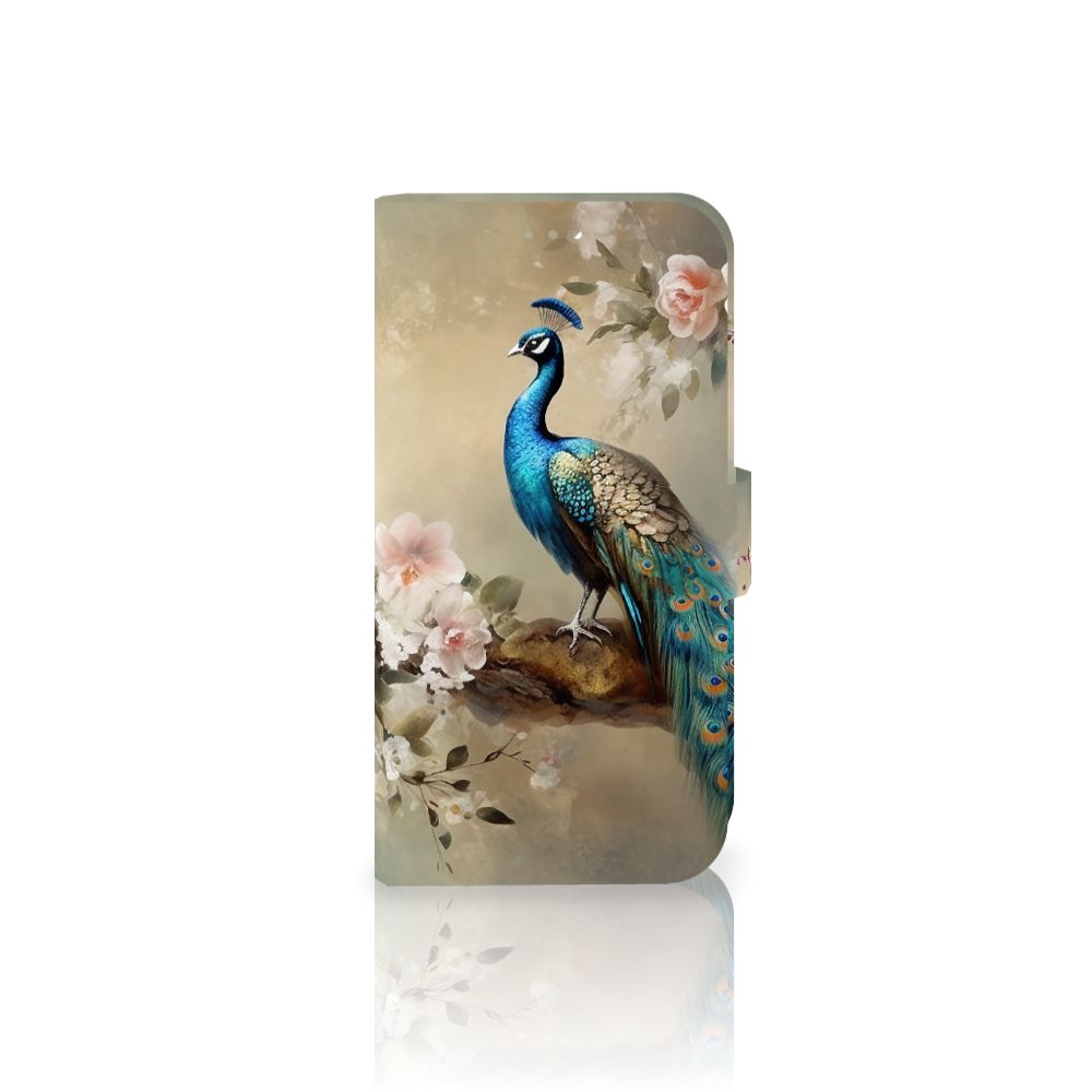 Telefoonhoesje met Pasjes voor Apple iPhone 13 Vintage Pauwen met kleurrijke pauw en bloemen.