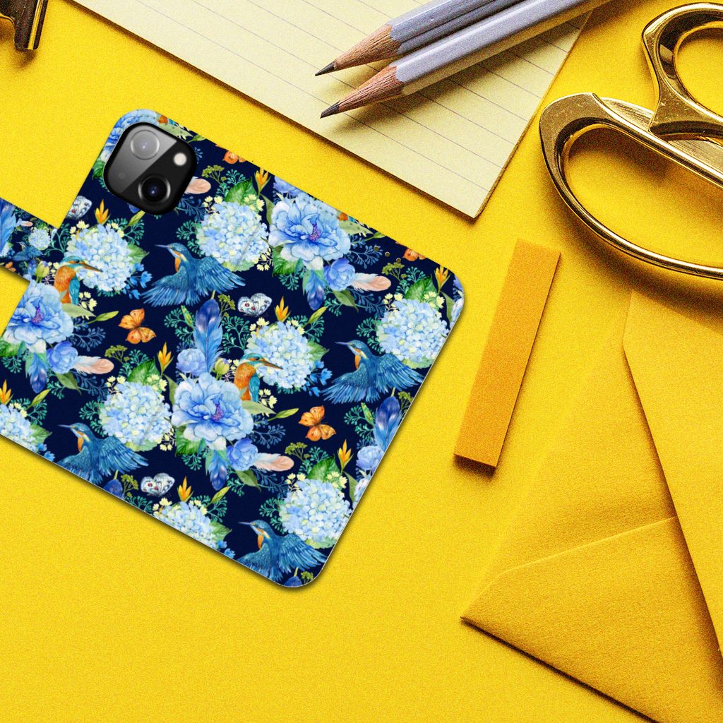Telefoonhoesje met Pasjes voor Apple iPhone 14 IJsvogel, bloemdesign met ijsvogel en prachtige kleuren.
