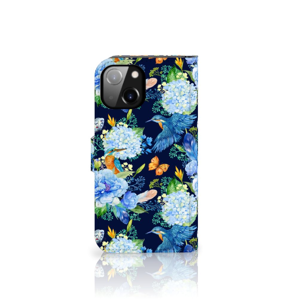 Telefoonhoesje met Pasjes voor Apple iPhone 14 IJsvogel met bloemen en vlinders 🌸🦋