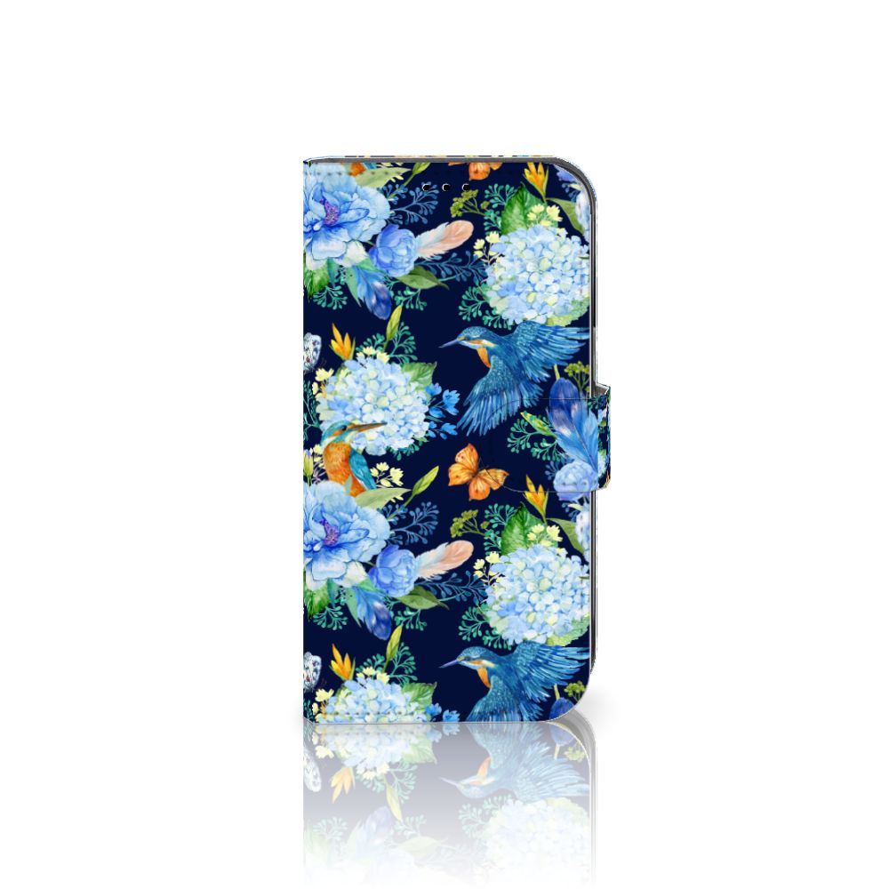 Telefoonhoesje met Pasjes voor Apple iPhone 14 IJsvogel met bloemen en kleurrijke motieven 🌸.