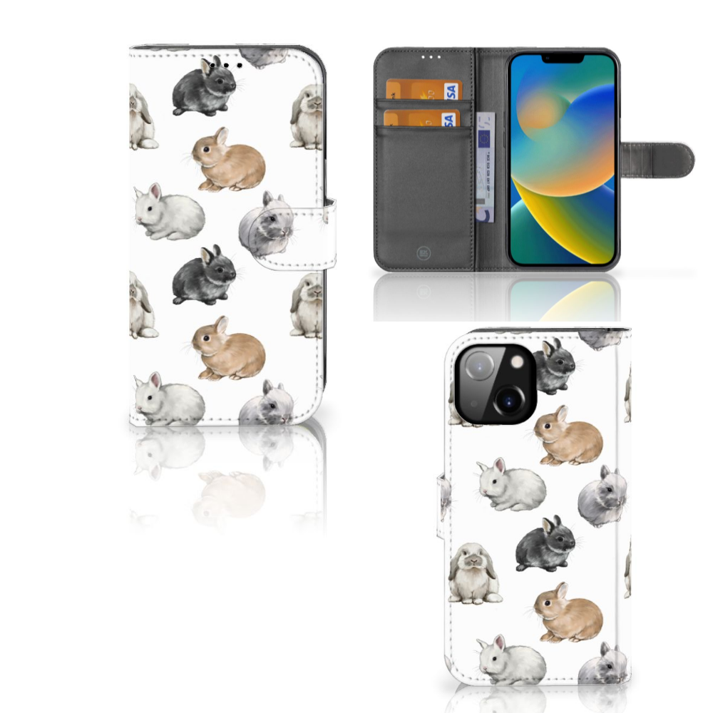 Telefoonhoesje met Pasjes voor Apple iPhone 14 Konijntjes met schattige konijnen 🐰 in een stijlvolle design.