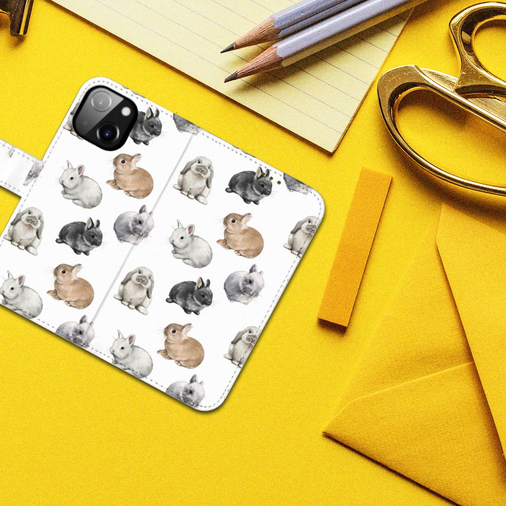 Telefoonhoesje met Pasjes voor Apple iPhone 14 Konijntjes met schattige konijnenprint.