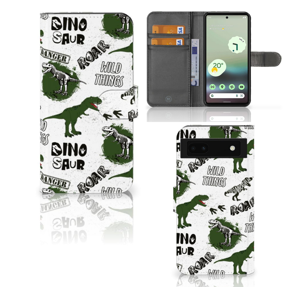 Telefoonhoesje met Pasjes voor Google Pixel 6A Dinosaurus dino design vooraanzicht binnenzijde