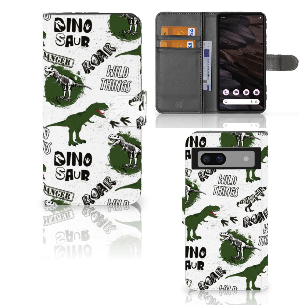 Google Pixel 7A Telefoonhoesje met Pasjes Dinosaurus ontwerp voorkant zijkant