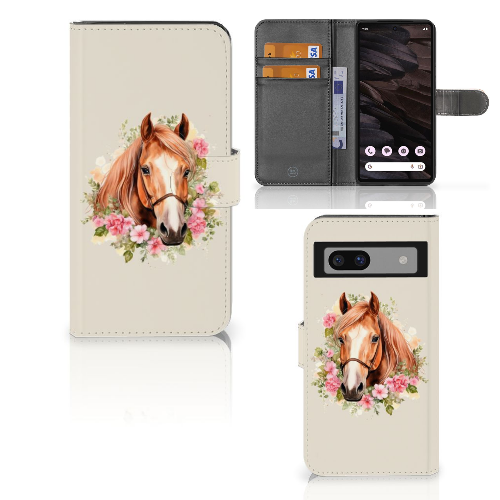 Telefoonhoesje met Pasjes voor Google Pixel 7A Paard voorkant binnenkant achterkant
