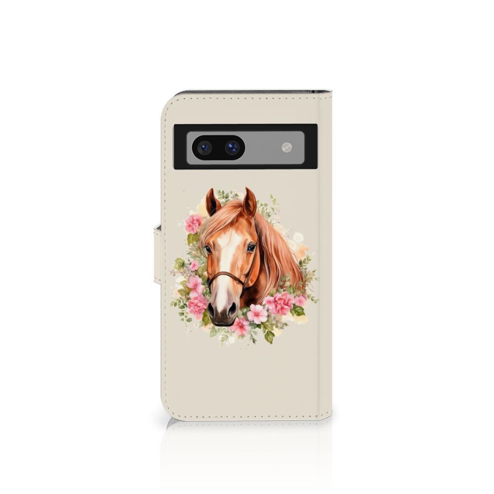 Telefoonhoesje met Pasjes voor Google Pixel 7A Paard paardenhoofd bloemen voorkant