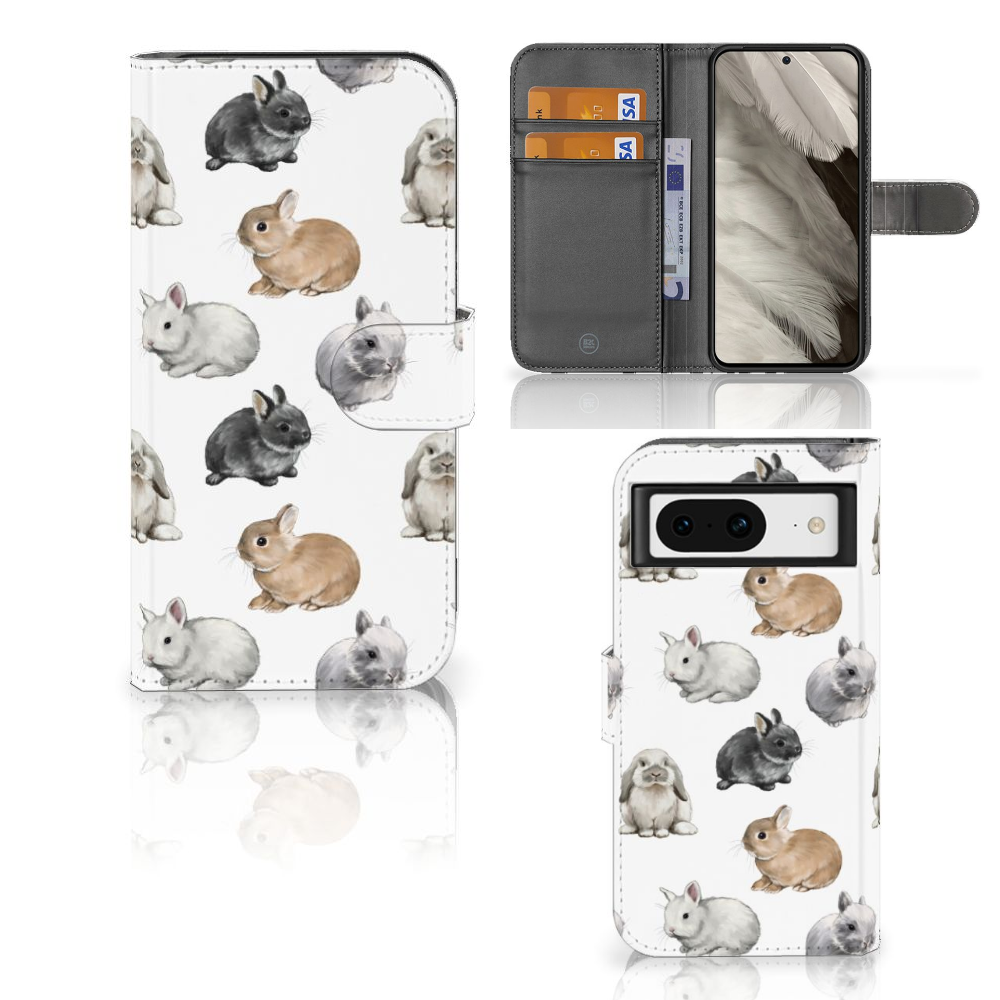 Telefoonhoesje met Pasjes voor Google Pixel 8 Konijntjes met schattige konijnenprint 🐰.