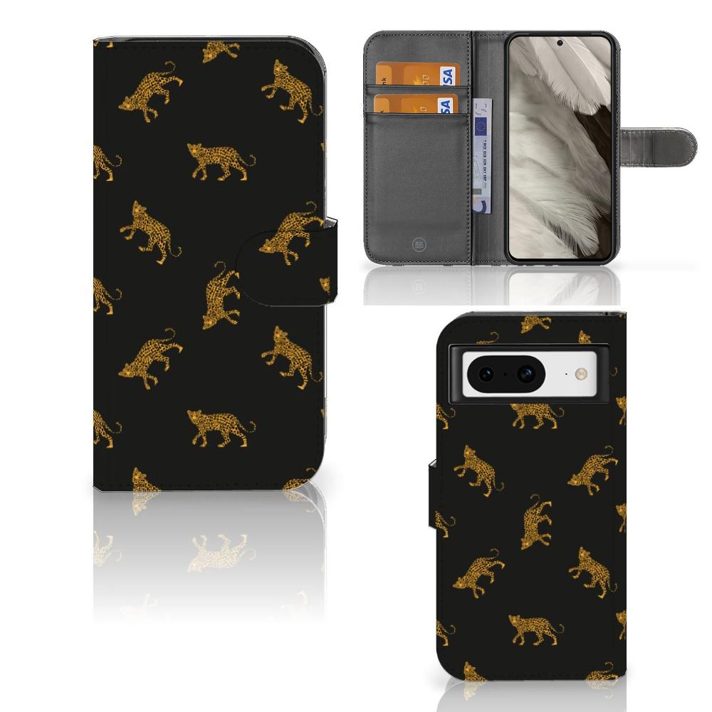 Google Pixel 8 Telefoonhoesje met Pasjes Leopards voorkant binnenkant zijkant