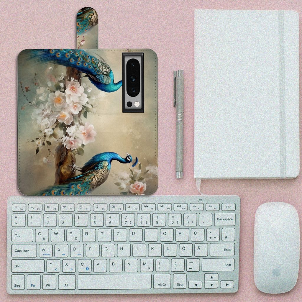 Telefoonhoesje met Pasjes voor Google Pixel 8 Pro Vintage Pauwen voorkant
