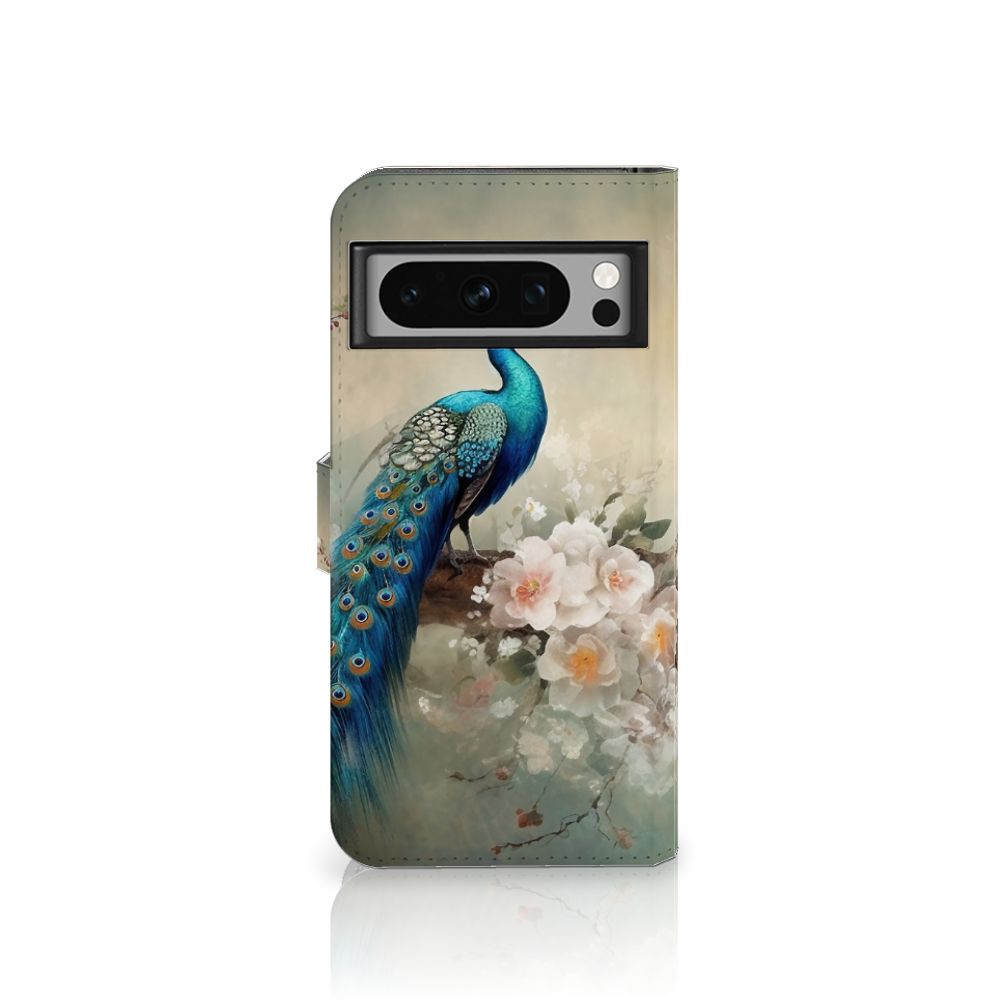Telefoonhoesje met Pasjes voor Google Pixel 8 Pro Vintage Pauwen vooraanzicht