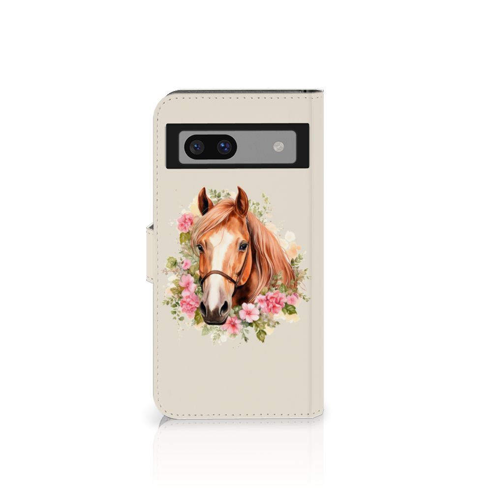 Google Pixel 8A Telefoonhoesje met Pasjes Paard bloemdessin voorkant