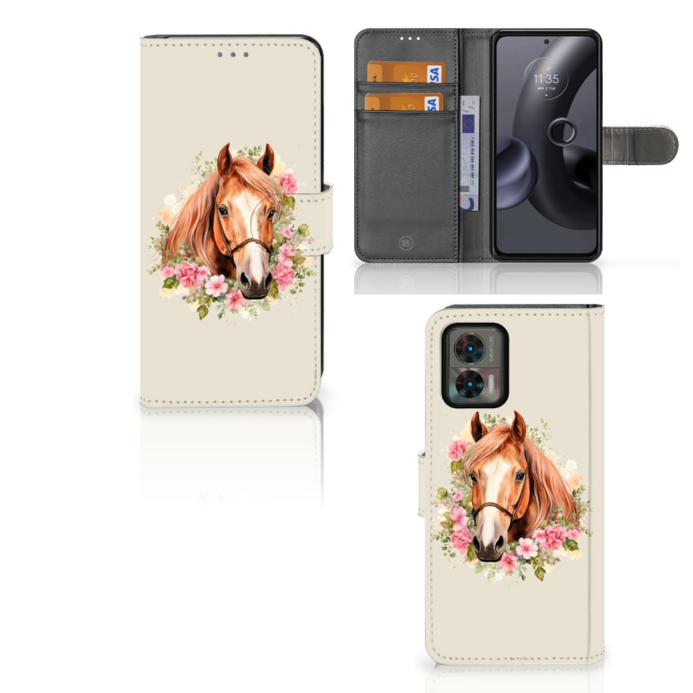 Telefoonhoesje met Pasjes voor Motorola Edge 30 Neo Paard met paard en bloemen, perfect als cadeau 🎁.