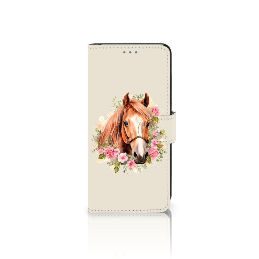 Telefoonhoesje met Pasjes voor Motorola Edge 30 Neo Paard met kleurrijk paardenontwerp en bloemen rondom.