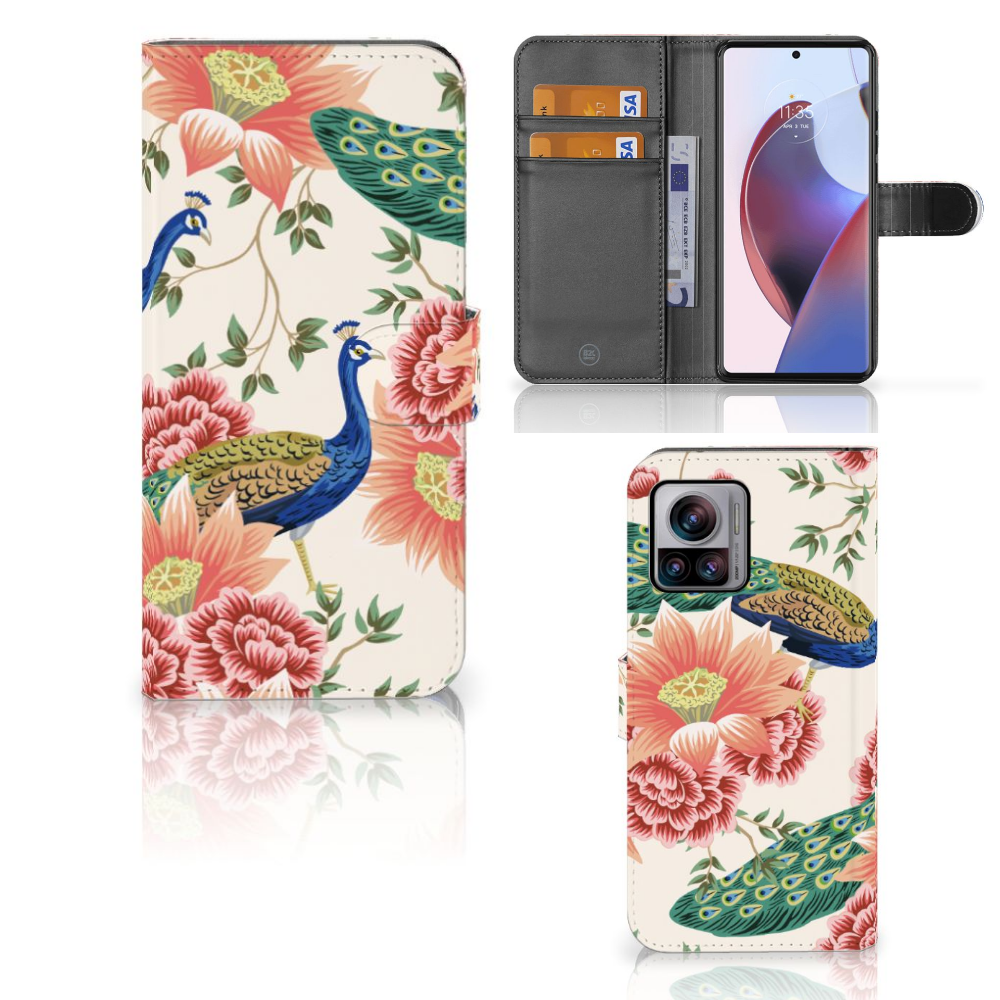 Motorola Edge 30 Ultra Telefoonhoesje met Pasjes Pink Peacock aanzicht