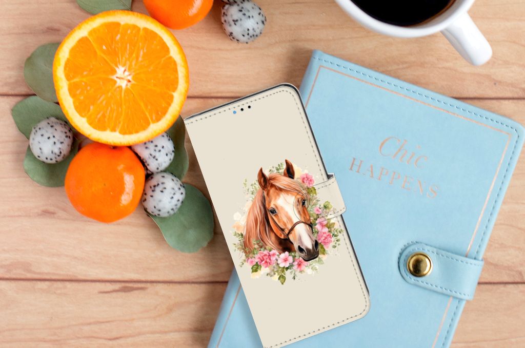 Telefoonhoesje met Pasjes voor Motorola Moto E20 | E30 | E40 Paard design paard vooraanzicht