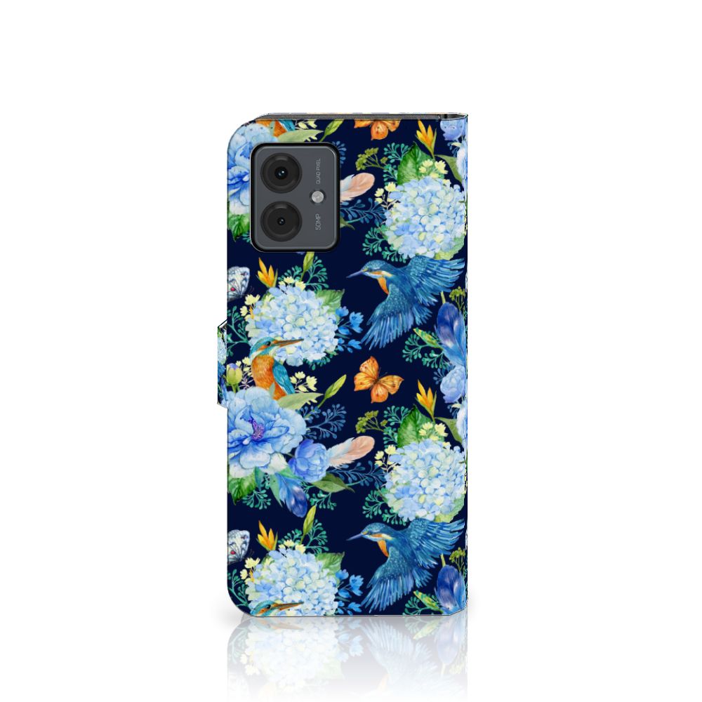 Motorola Moto G14 Telefoonhoesje met Pasjes IJsvogel bloemen aanzicht