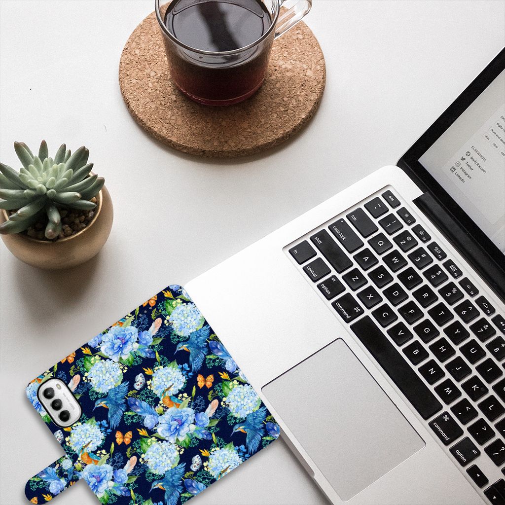 Motorola Moto G52 Moto G82 Telefoonhoesje met Pasjes IJsvogel bovenaanzicht bloemen