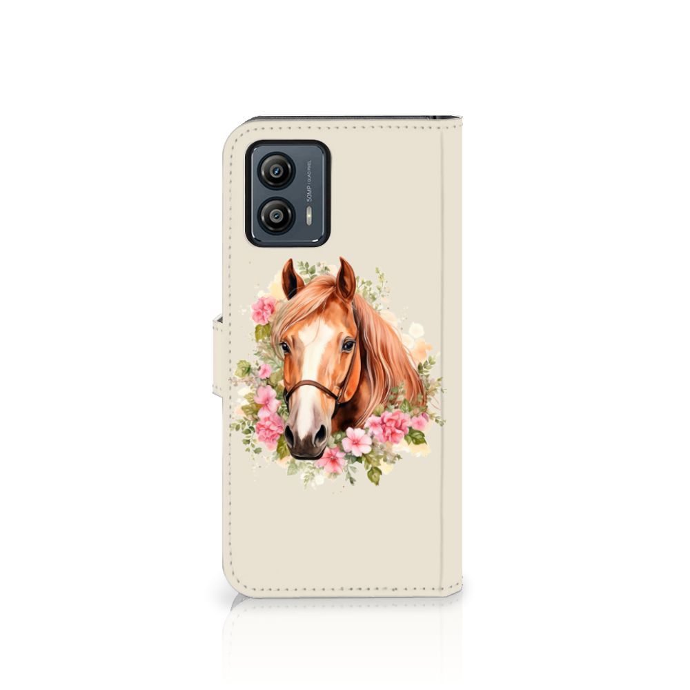 Telefoonhoesje met Pasjes voor Motorola Moto G53 Paard met bloemen, perfect cadeau voor paardliefhebbers 🌸