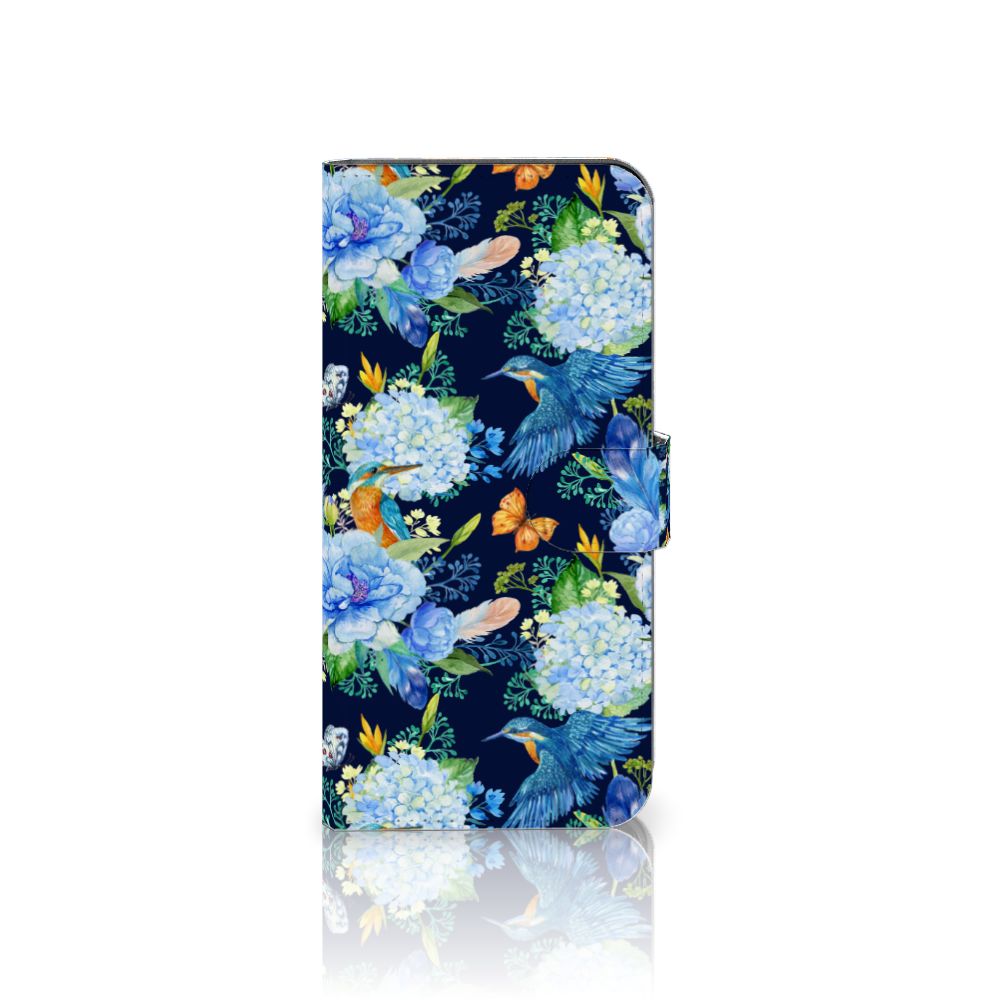 Motorola Moto G62 5G Telefoonhoesje met Pasjes IJsvogel bloemen design vooraanzicht