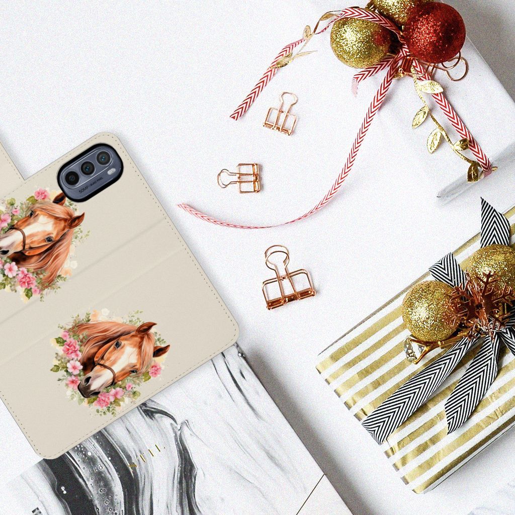 Telefoonhoesje met Pasjes voor Motorola Moto G62 5G Paard design paard anzicht boven