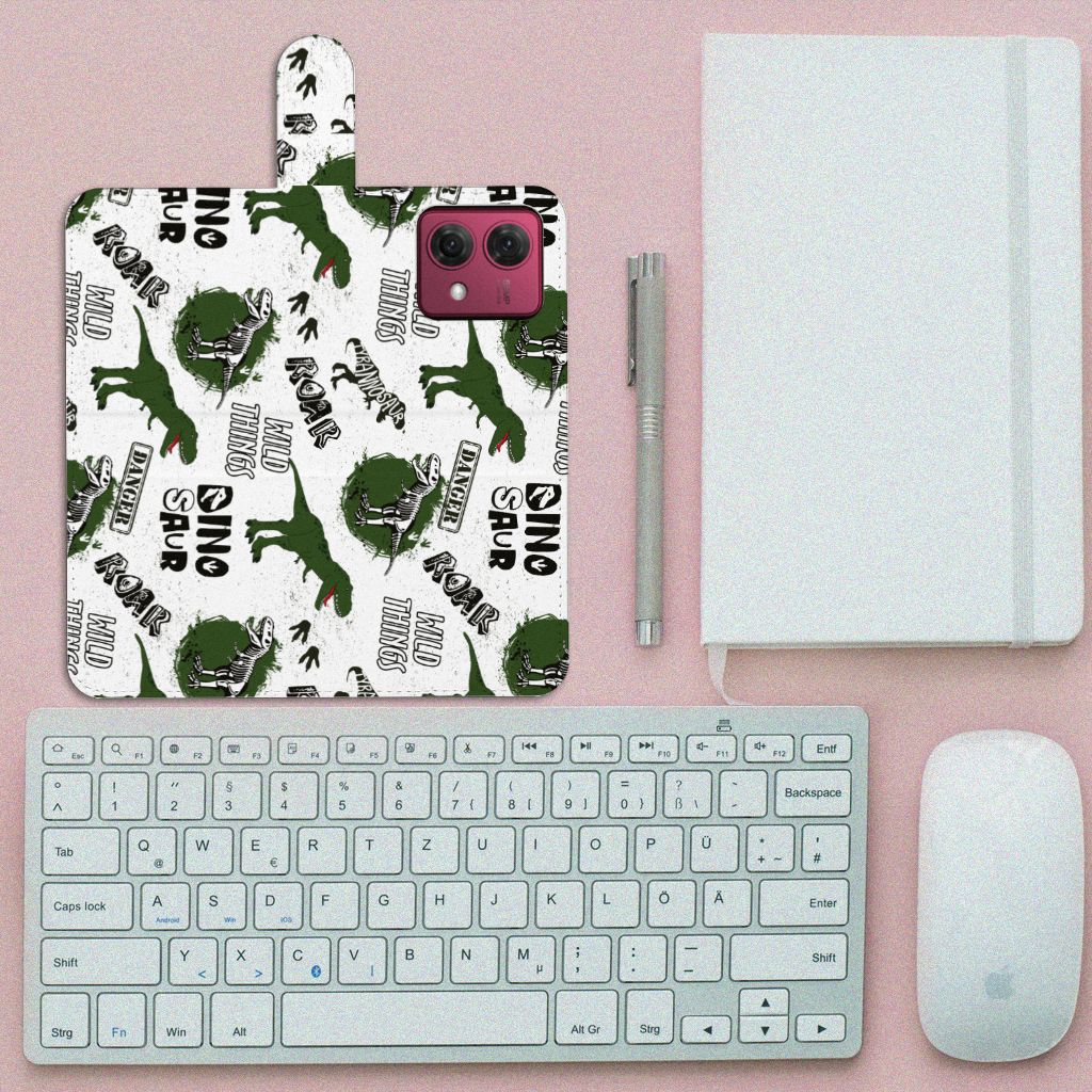 Motorola Moto G84 Telefoonhoesje met Pasjes Dinosaurus bovenaanzicht