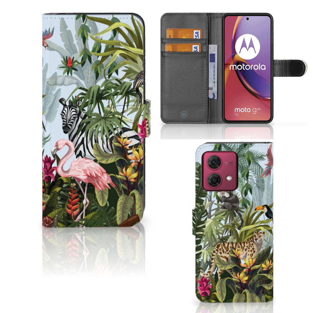 Motorola Moto G84 Telefoonhoesje met Pasjes Jungle ontwerp voorzijde binnenzijde