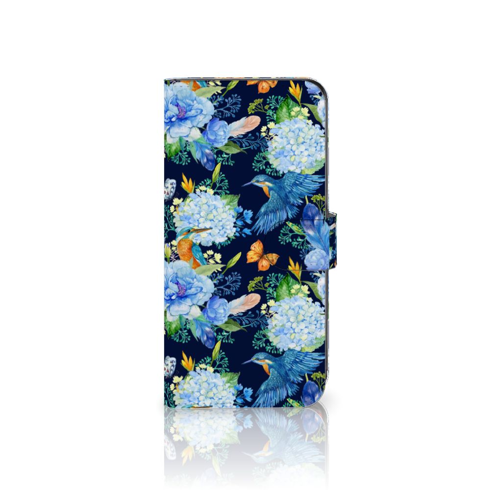 Telefoonhoesje met Pasjes voor Motorola Moto G85 IJsvogel bloemen design vooraanzicht