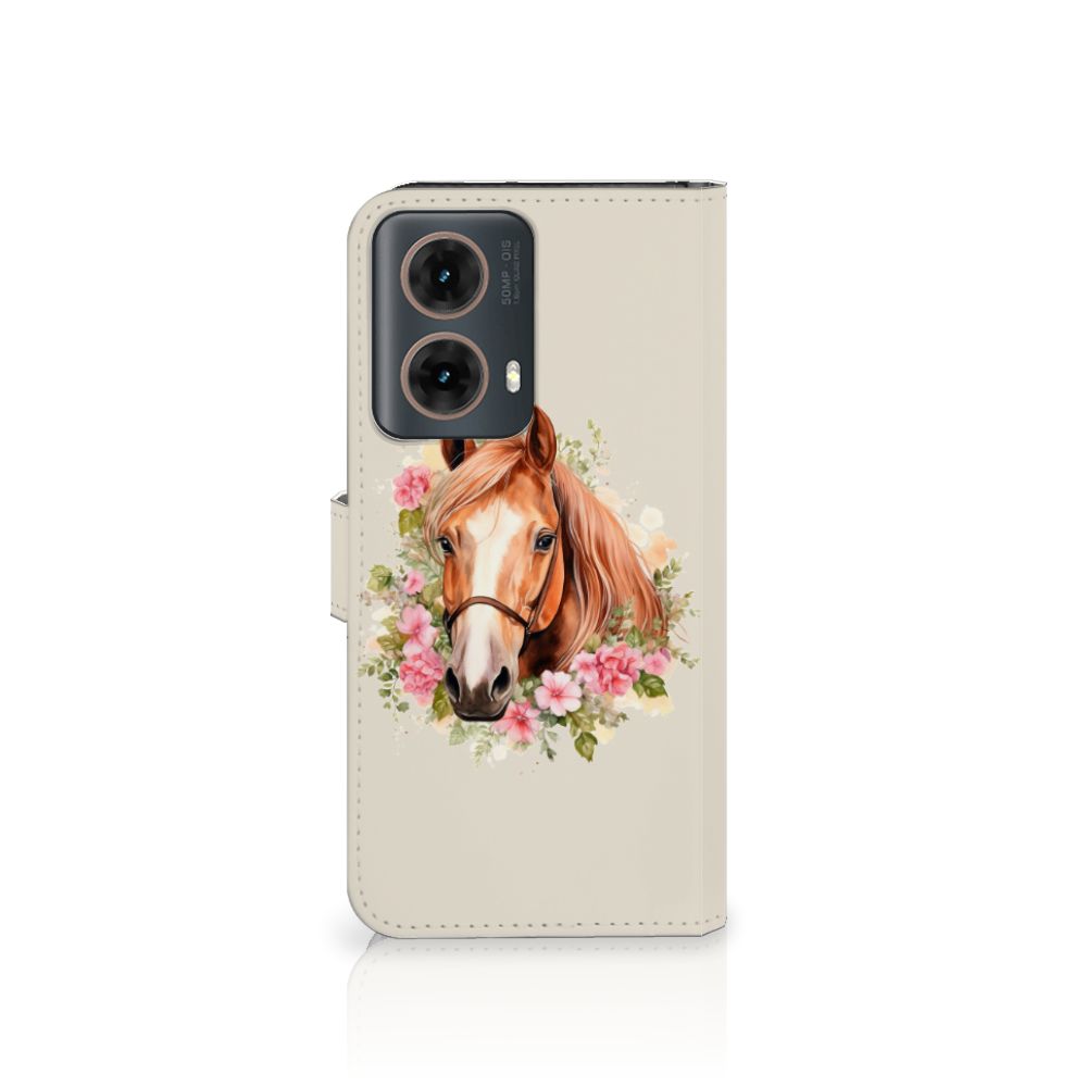 Telefoonhoesje met Pasjes voor Motorola Moto G85 Paard paard bloemen buitenkant