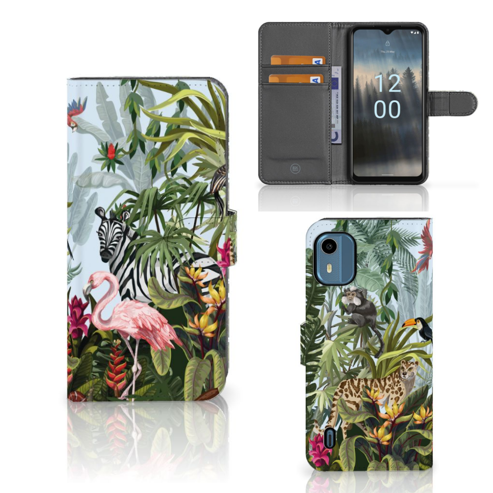 Nokia C12 Telefoonhoesje met Pasjes Jungle design voorkant en binnenkant met pasjes en telefoon