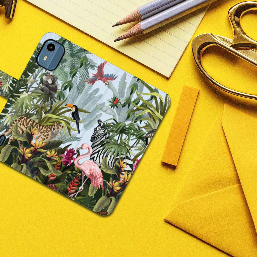 Nokia C12 Telefoonhoesje met Pasjes Jungle ontwerp bovenaanzicht