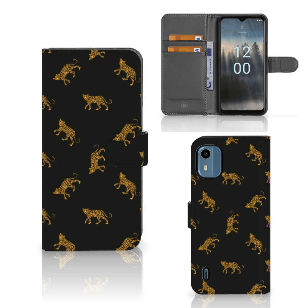 Telefoonhoesje met Pasjes voor Nokia C12 Leopards met stoer luipaarddesign en pasjesvak. Perfecte bescherming en uitstraling!