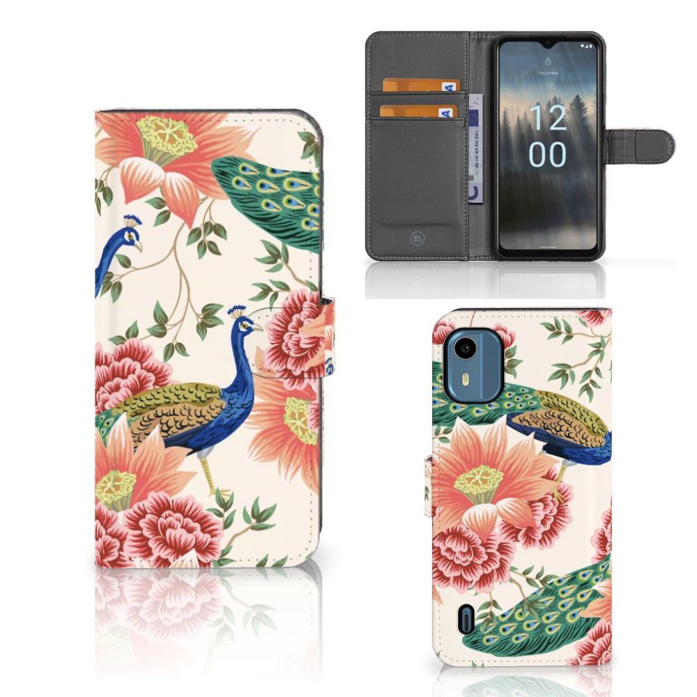 Telefoonhoesje met Pasjes voor Nokia C12 Pink Peacock design pauw bloemen voorkant achterkant