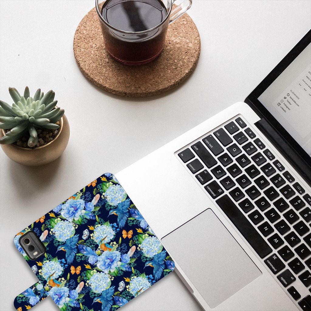 Telefoonhoesje met Pasjes voor Nokia C32 IJsvogel design bloemen aanzicht