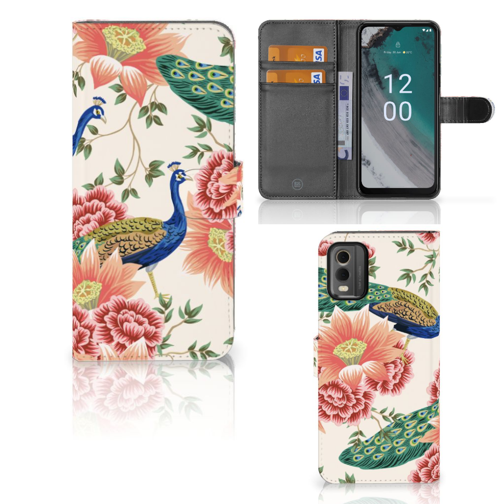 Nokia C32 Telefoonhoesje met Pasjes Pink Peacock voorkant en binnenkant