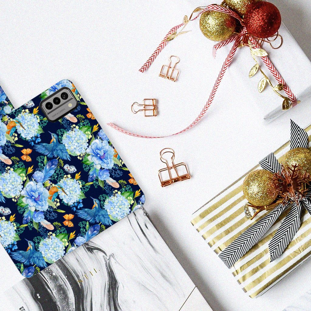 Telefoonhoesje met Pasjes voor Nokia G22 IJsvogel bloemen design bovenaanzicht