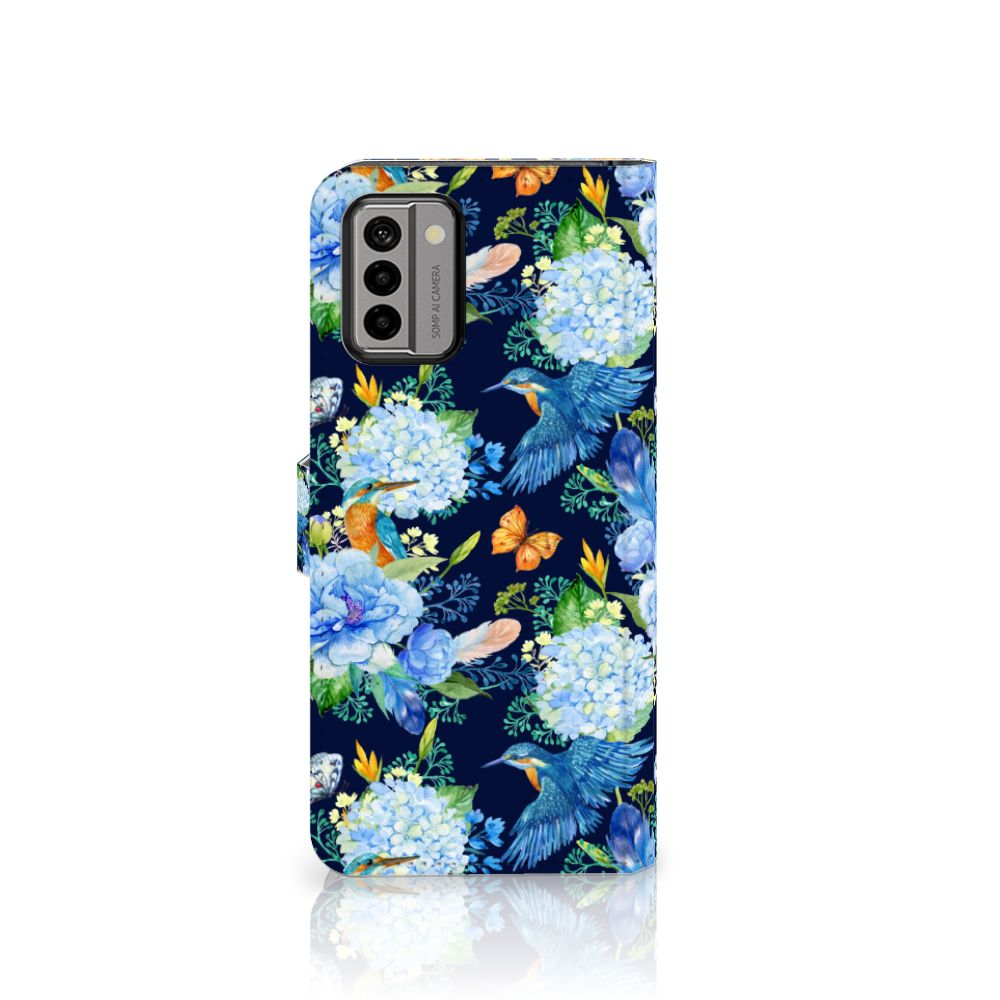 Nokia G22 Telefoonhoesje met Pasjes IJsvogel bloemen voordek