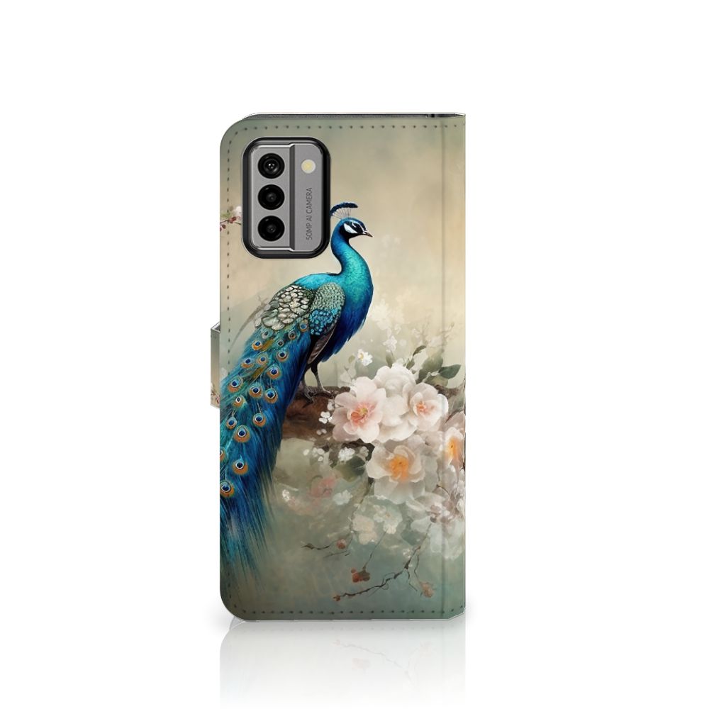 Nokia G22 Telefoonhoesje met Pasjes Vintage Pauwen aanzicht