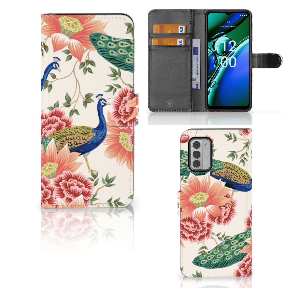 Nokia G42 Telefoonhoesje met Pasjes Pink Peacock voorkant achterkant binnenkant