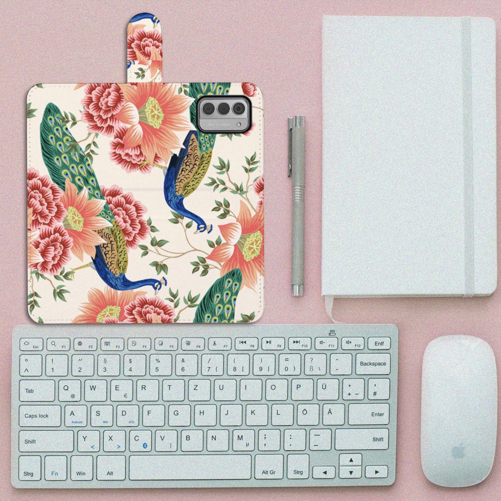 Nokia G42 Telefoonhoesje met Pasjes Pink Peacock boven aanzicht