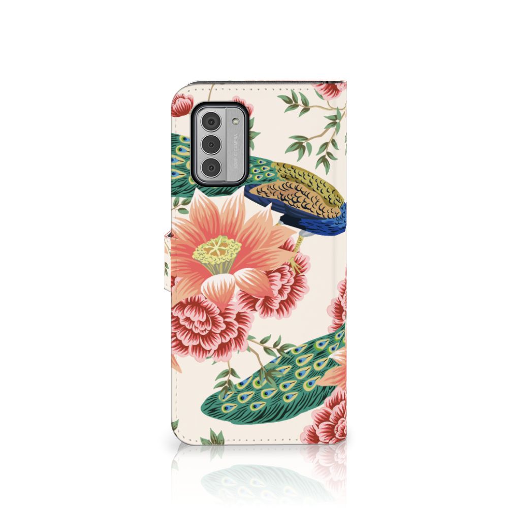 Telefoonhoesje met Pasjes voor Nokia G42 Pink Peacock design pauw bloemetjes aanzicht