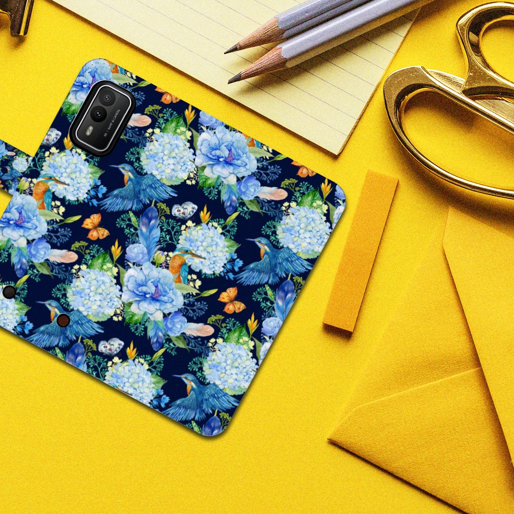 Telefoonhoesje met Pasjes voor Nokia XR21 IJsvogel bloemendecor patroon aanzicht