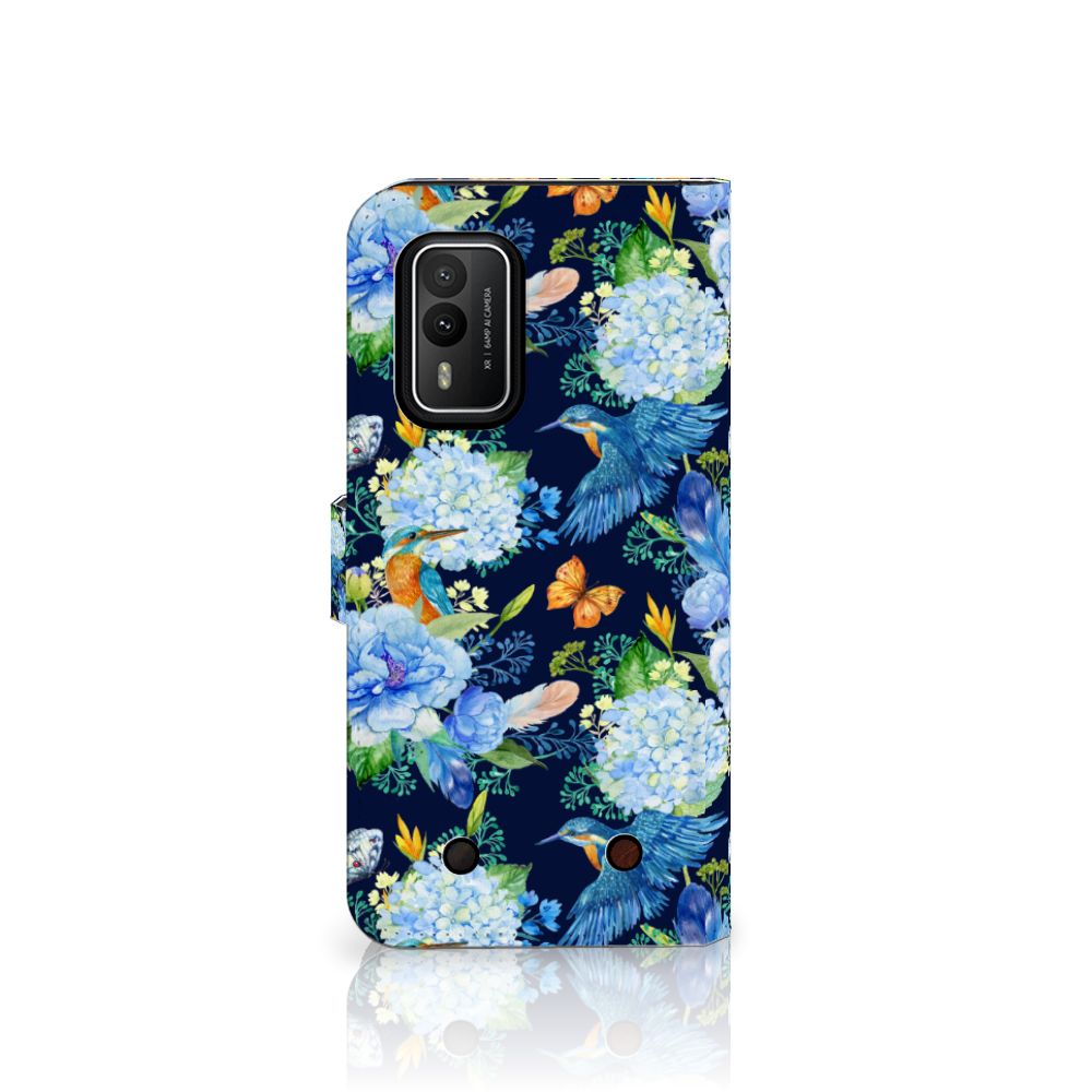 Telefoonhoesje met Pasjes voor Nokia XR21 IJsvogel bloemen kleur ontwerp zijaanzicht