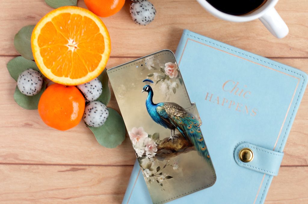 OPPO A17 Telefoonhoesje met Pasjes Vintage Pauwen aanzicht