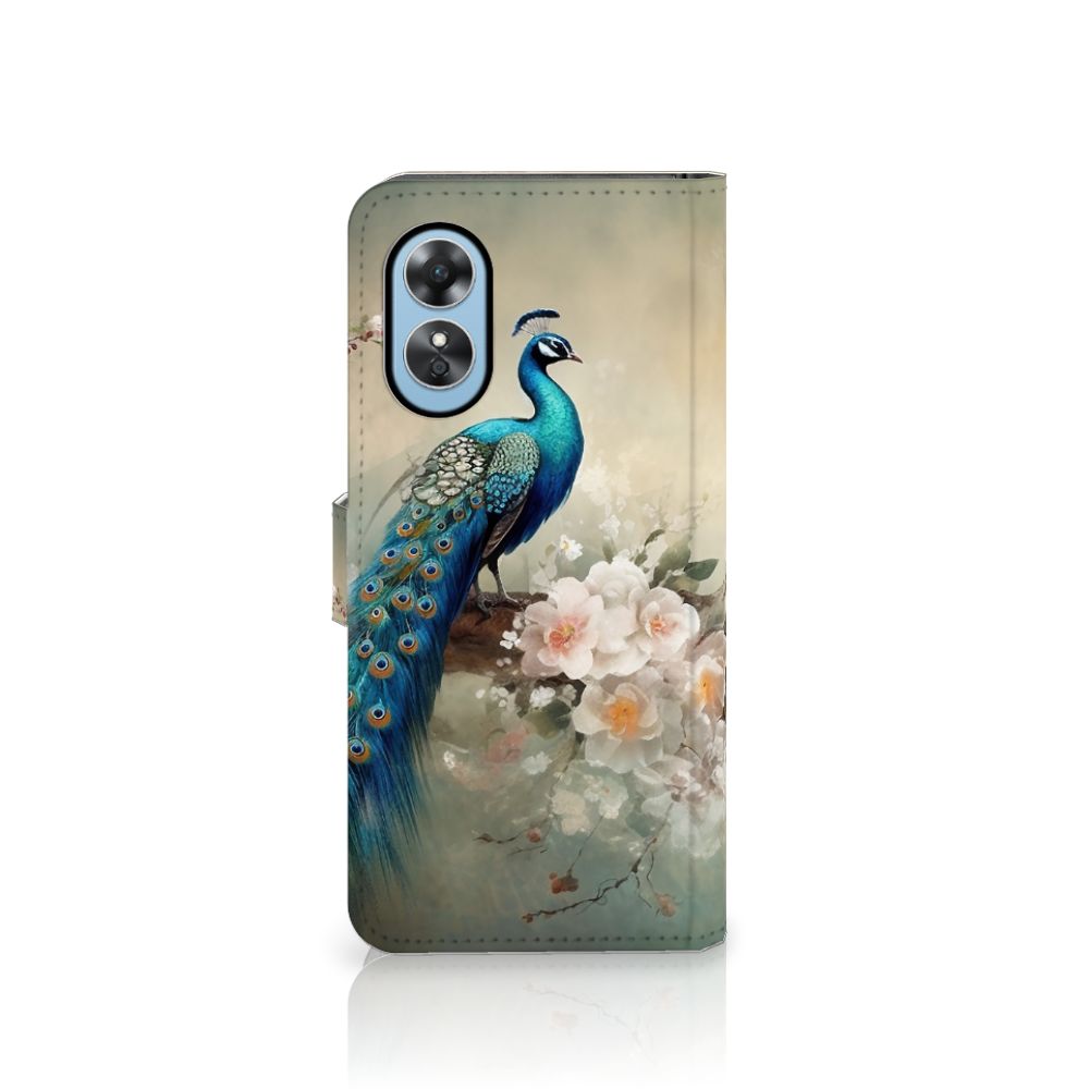 OPPO A17 Telefoonhoesje met Pasjes Vintage Pauwen aanzicht